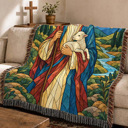 Good Shepherd Stained Glass Woven Blanket – Jesus With Lamb Christian Faith Throw