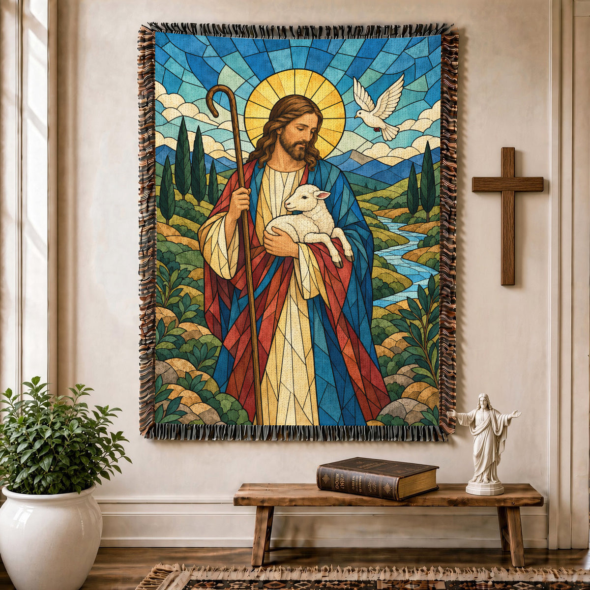 Good Shepherd Stained Glass Woven Blanket – Jesus With Lamb Christian Faith Throw
