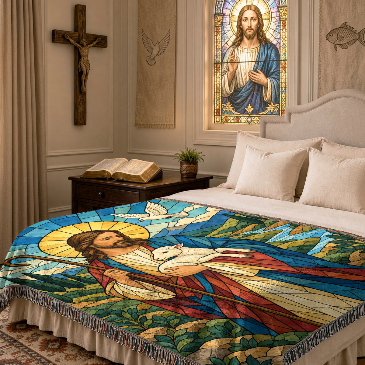Good Shepherd Stained Glass Woven Blanket – Jesus With Lamb Christian Faith Throw