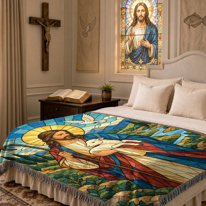 Good Shepherd Stained Glass Woven Blanket – Jesus With Lamb Christian Faith Throw