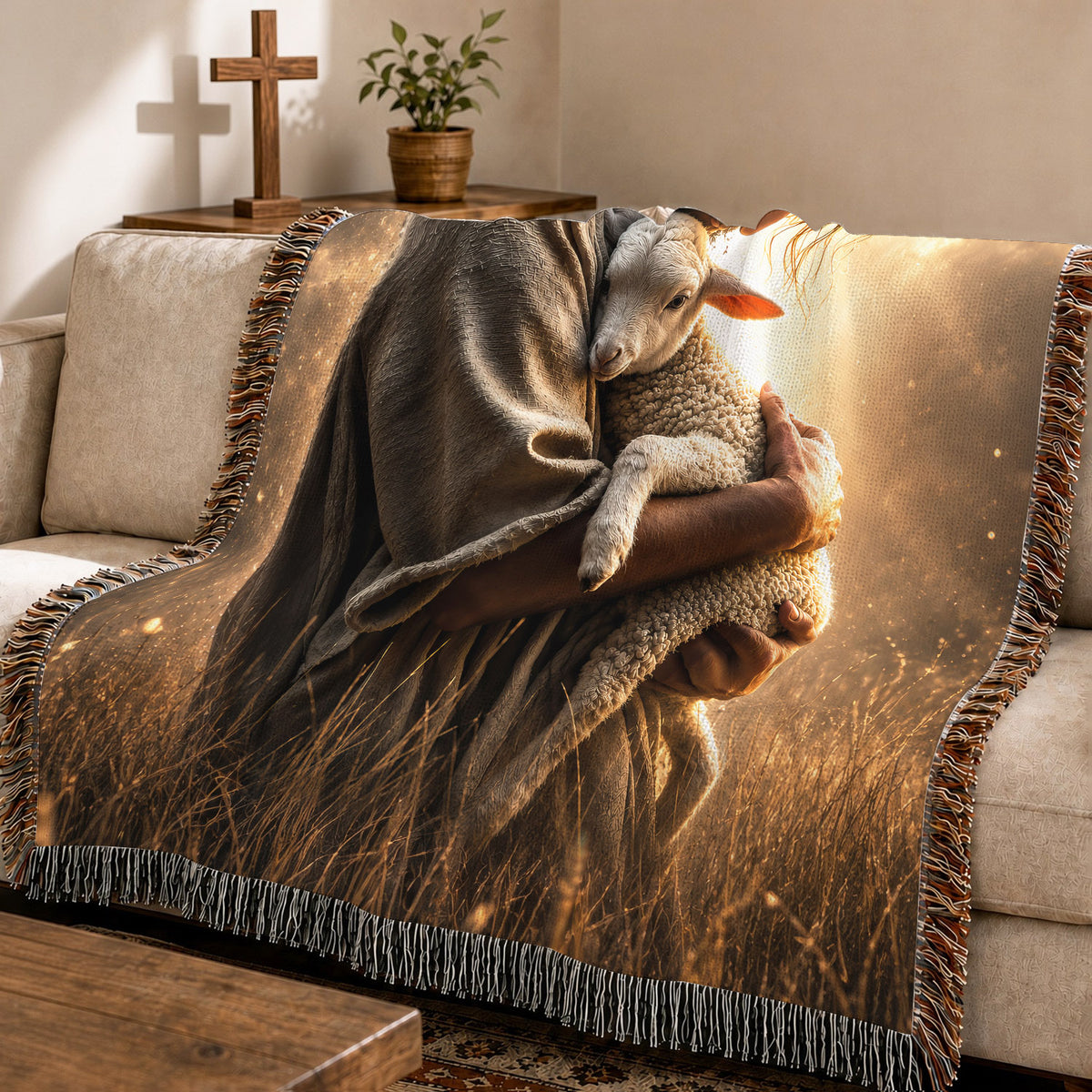 Jesus And Lamb Woven Blanket – Good Shepherd Christian Faith Throw