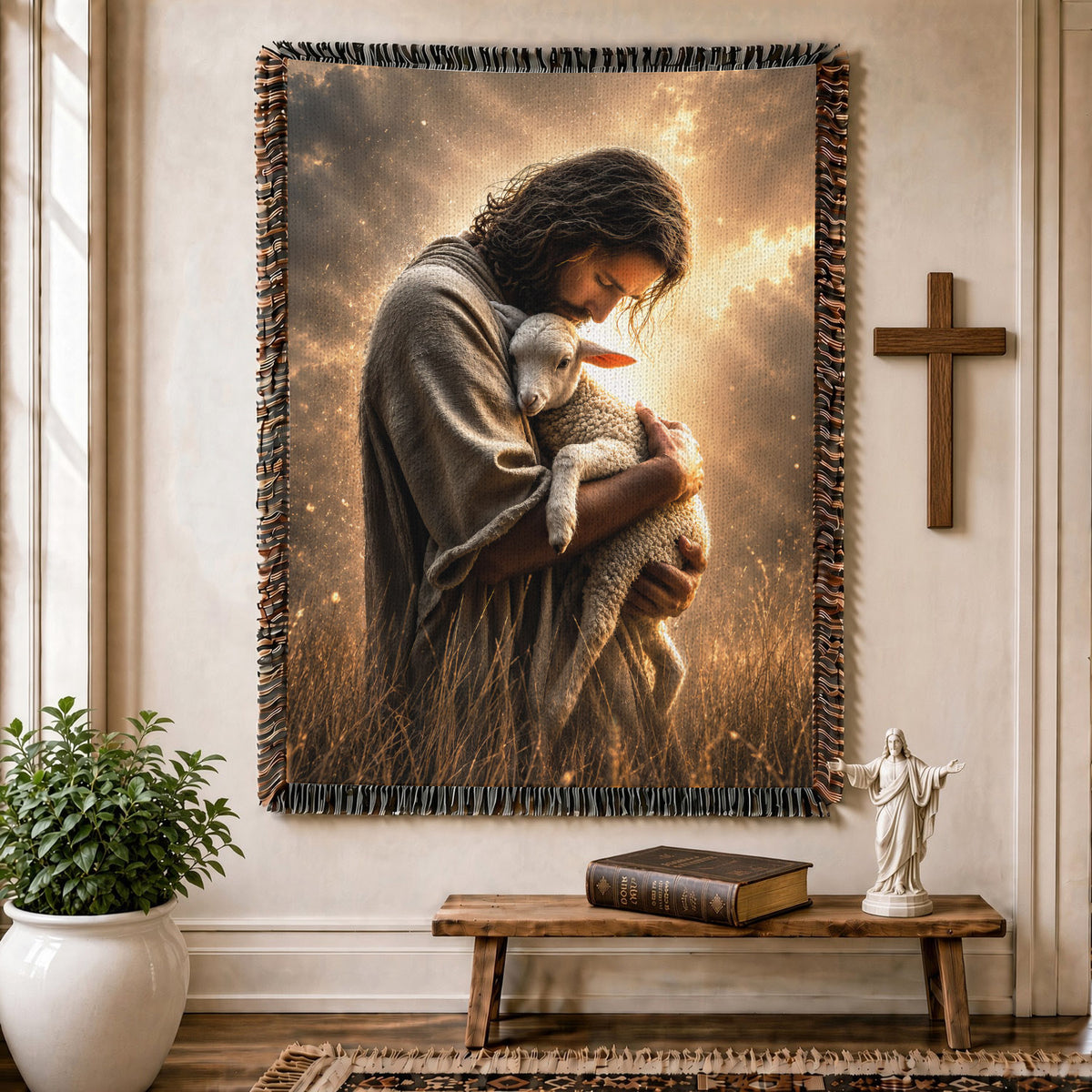 Jesus And Lamb Woven Blanket – Good Shepherd Christian Faith Throw