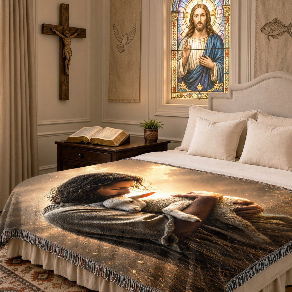 Jesus And Lamb Woven Blanket – Good Shepherd Christian Faith Throw