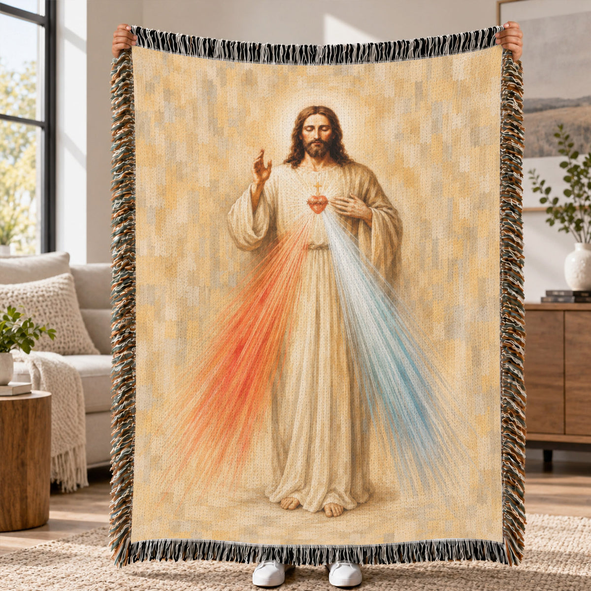 Divine Mercy Jesus Woven Blanket – Sacred Heart Christian Faith Throw