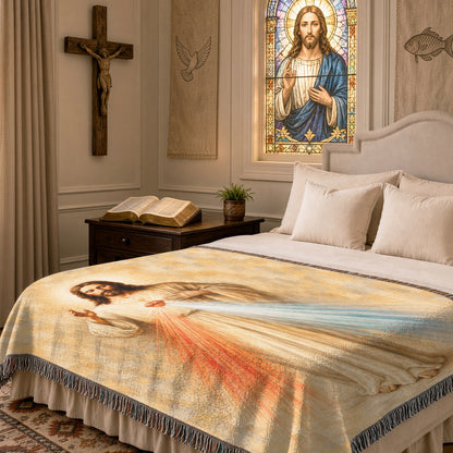 Divine Mercy Jesus Woven Blanket – Sacred Heart Christian Faith Throw