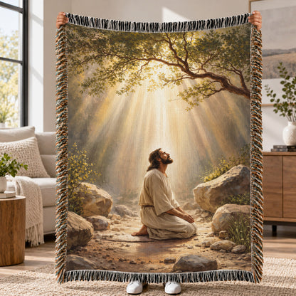 Jesus In Prayer Woven Blanket – Christian Prayer Faith Throw