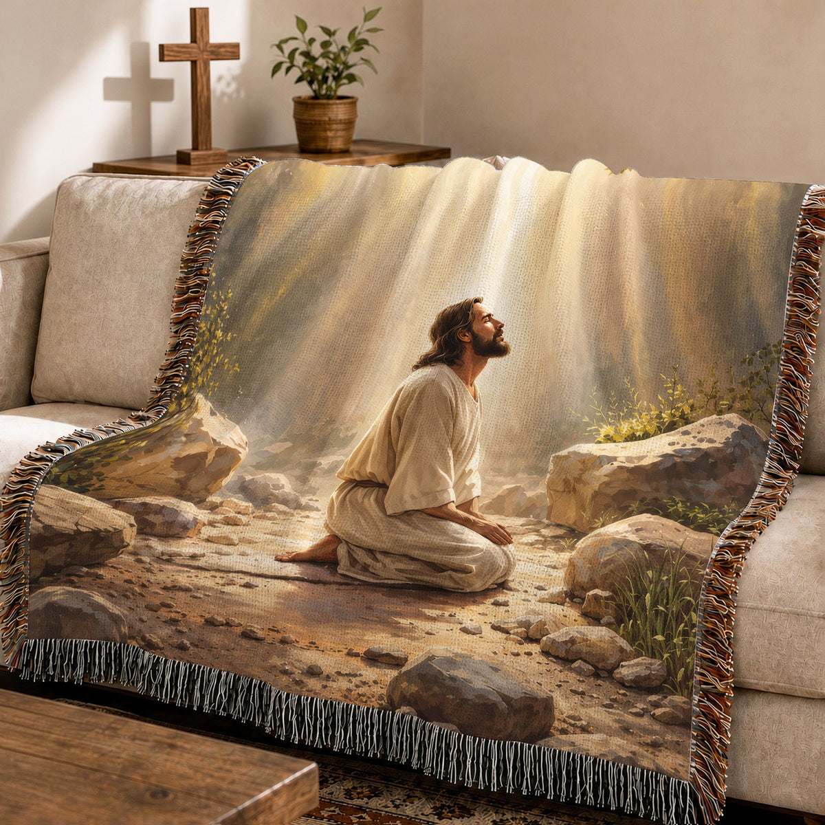 Jesus In Prayer Woven Blanket – Christian Prayer Faith Throw