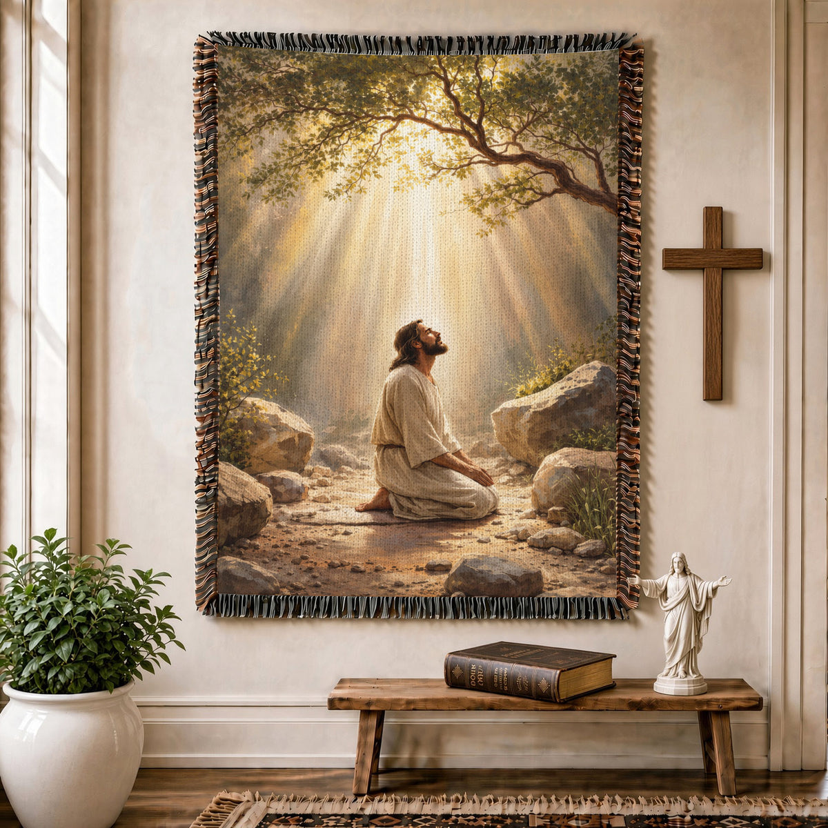 Jesus In Prayer Woven Blanket – Christian Prayer Faith Throw