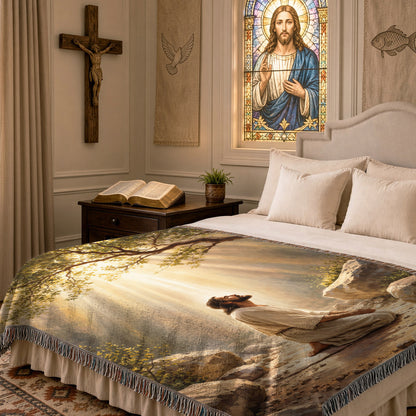 Jesus In Prayer Woven Blanket – Christian Prayer Faith Throw