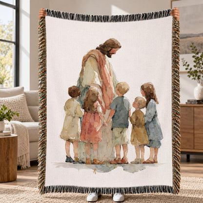 Jesus With Children Woven Blanket – Christian Faith Throw