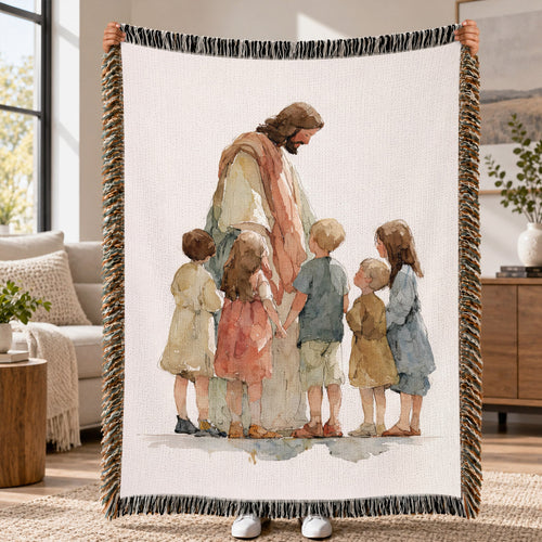 Jesus With Children Woven Blanket – Christian Faith Throw