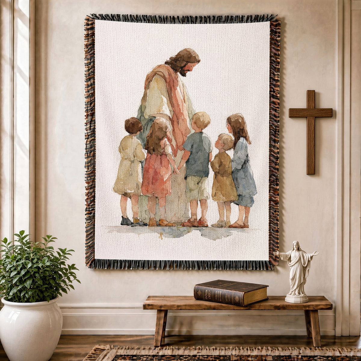 Jesus With Children Woven Blanket – Christian Faith Throw