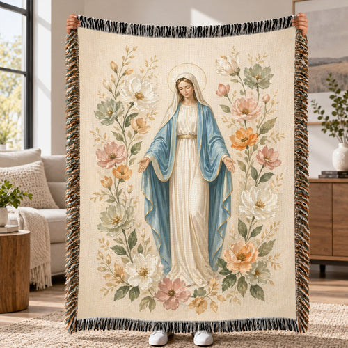 Virgin Mary Floral Woven Blanket – Catholic Christian Faith Throw