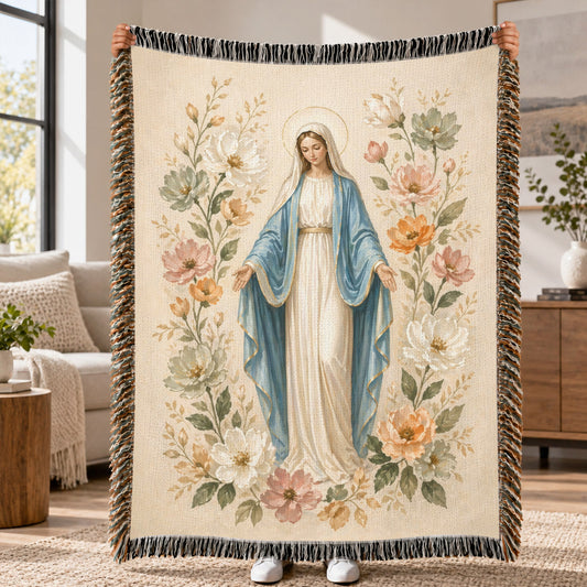 Virgin Mary Floral Woven Blanket – Catholic Christian Faith Throw