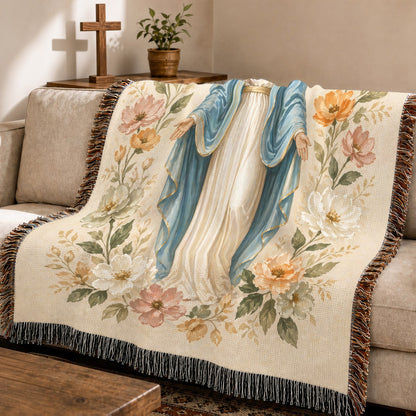 Virgin Mary Floral Woven Blanket – Catholic Christian Faith Throw