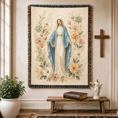 Virgin Mary Floral Woven Blanket – Catholic Christian Faith Throw