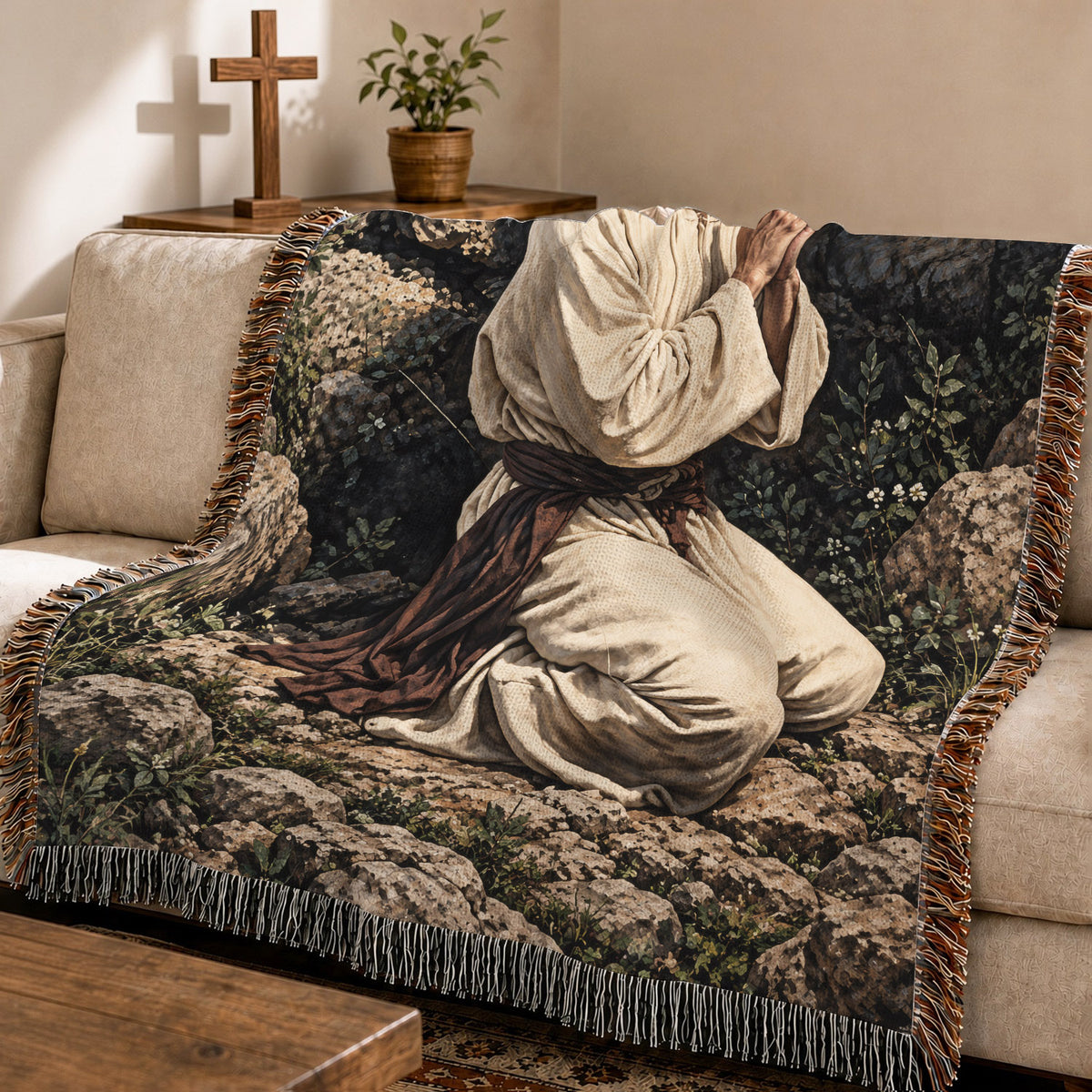 Jesus Praying in Gethsemane Woven Blanket – Christian Prayer Faith Throw