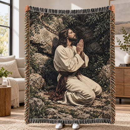 Jesus Praying in Gethsemane Woven Blanket – Christian Prayer Faith Throw
