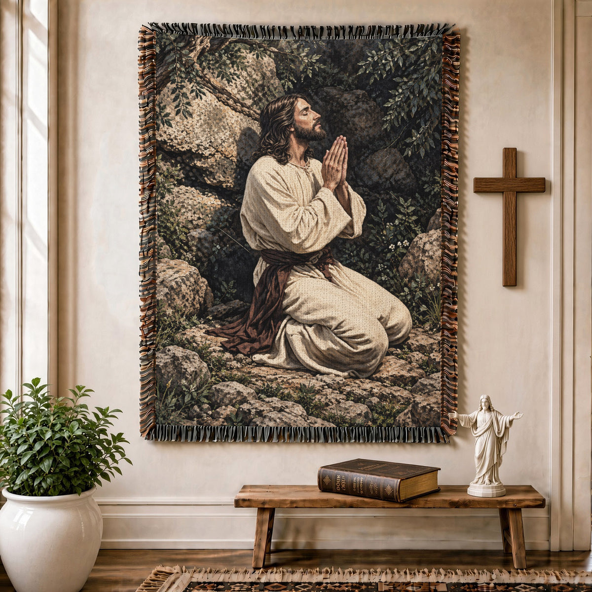 Jesus Praying in Gethsemane Woven Blanket – Christian Prayer Faith Throw