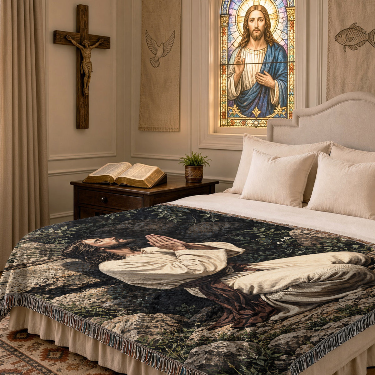 Jesus Praying in Gethsemane Woven Blanket – Christian Prayer Faith Throw