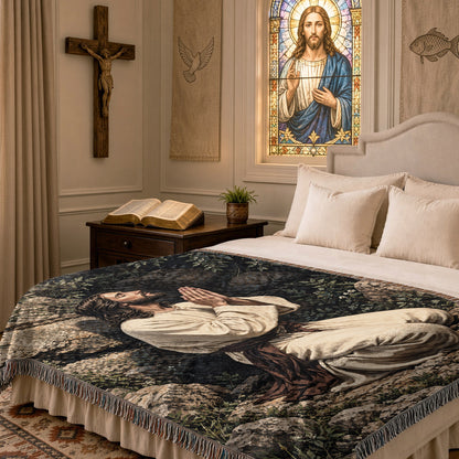 Jesus Praying in Gethsemane Woven Blanket – Christian Prayer Faith Throw