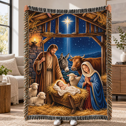 Vintage Nativity Scene Christmas – Holy Family & Star of Bethlehem – Christian Woven Blanket
