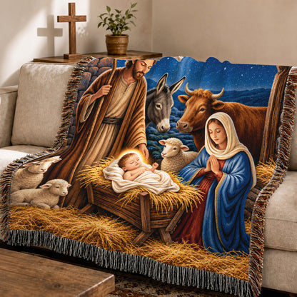 Vintage Nativity Scene Christmas – Holy Family & Star of Bethlehem – Christian Woven Blanket