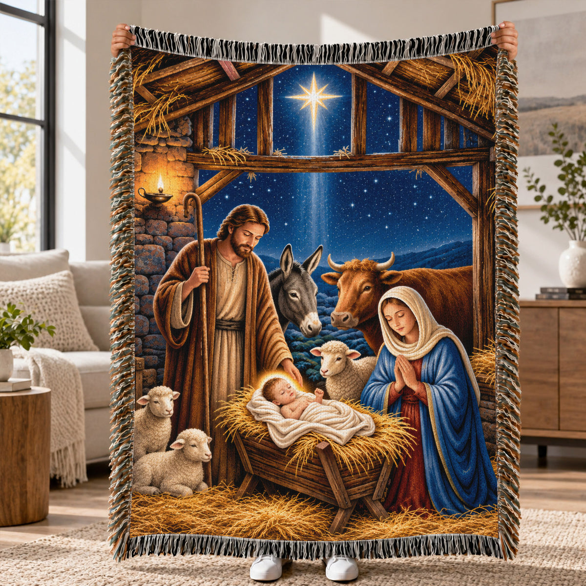 Vintage Nativity Scene Christmas – Holy Family & Star of Bethlehem – Christian Woven Blanket