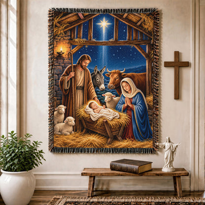 Vintage Nativity Scene Christmas – Holy Family & Star of Bethlehem – Christian Woven Blanket