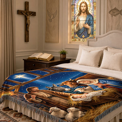 Vintage Nativity Scene Christmas – Holy Family & Star of Bethlehem – Christian Woven Blanket