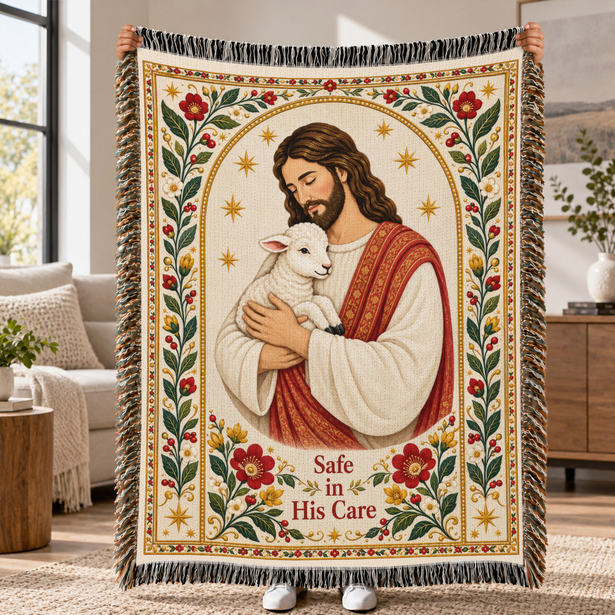 Safe in His Care – Jesus the Good Shepherd & Lamb – Christian Woven Blanket