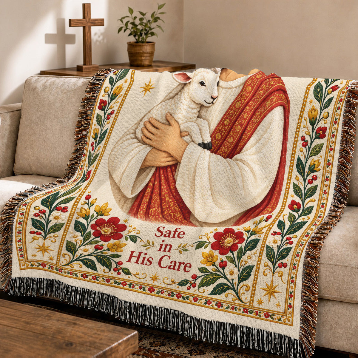 Safe in His Care – Jesus the Good Shepherd & Lamb – Christian Woven Blanket