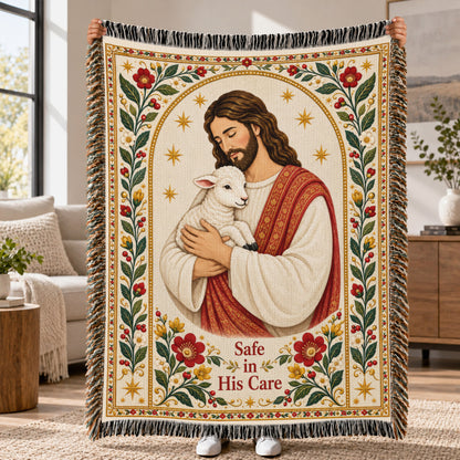 Safe in His Care – Jesus the Good Shepherd & Lamb – Christian Woven Blanket