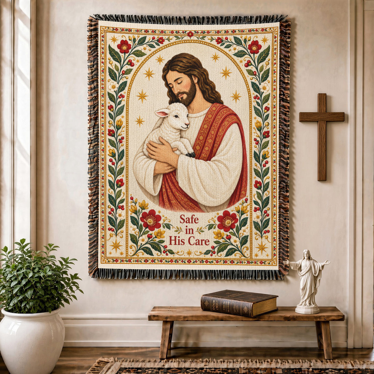 Safe in His Care – Jesus the Good Shepherd & Lamb – Christian Woven Blanket