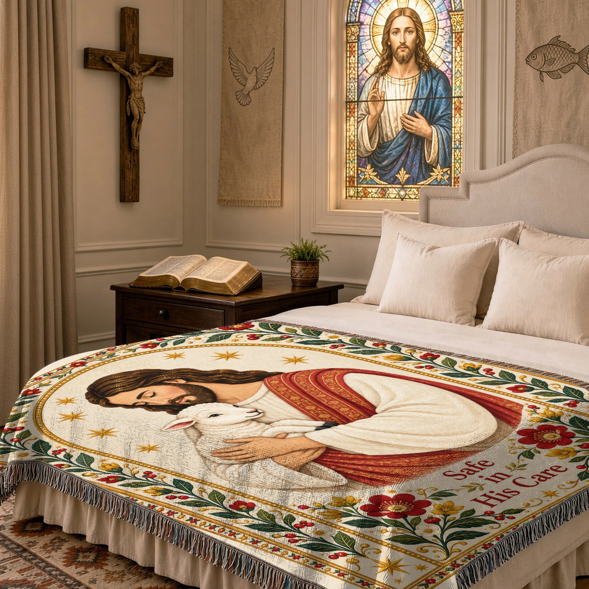 Safe in His Care – Jesus the Good Shepherd & Lamb – Christian Woven Blanket