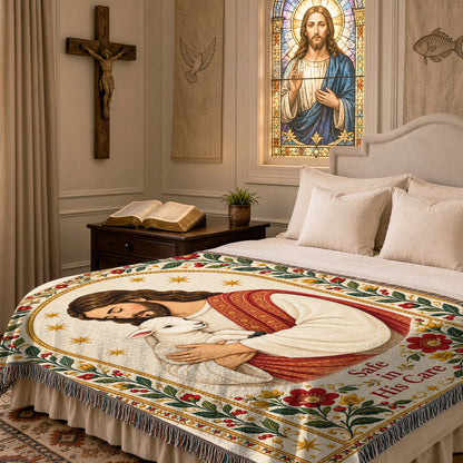 Safe in His Care – Jesus the Good Shepherd & Lamb – Christian Woven Blanket