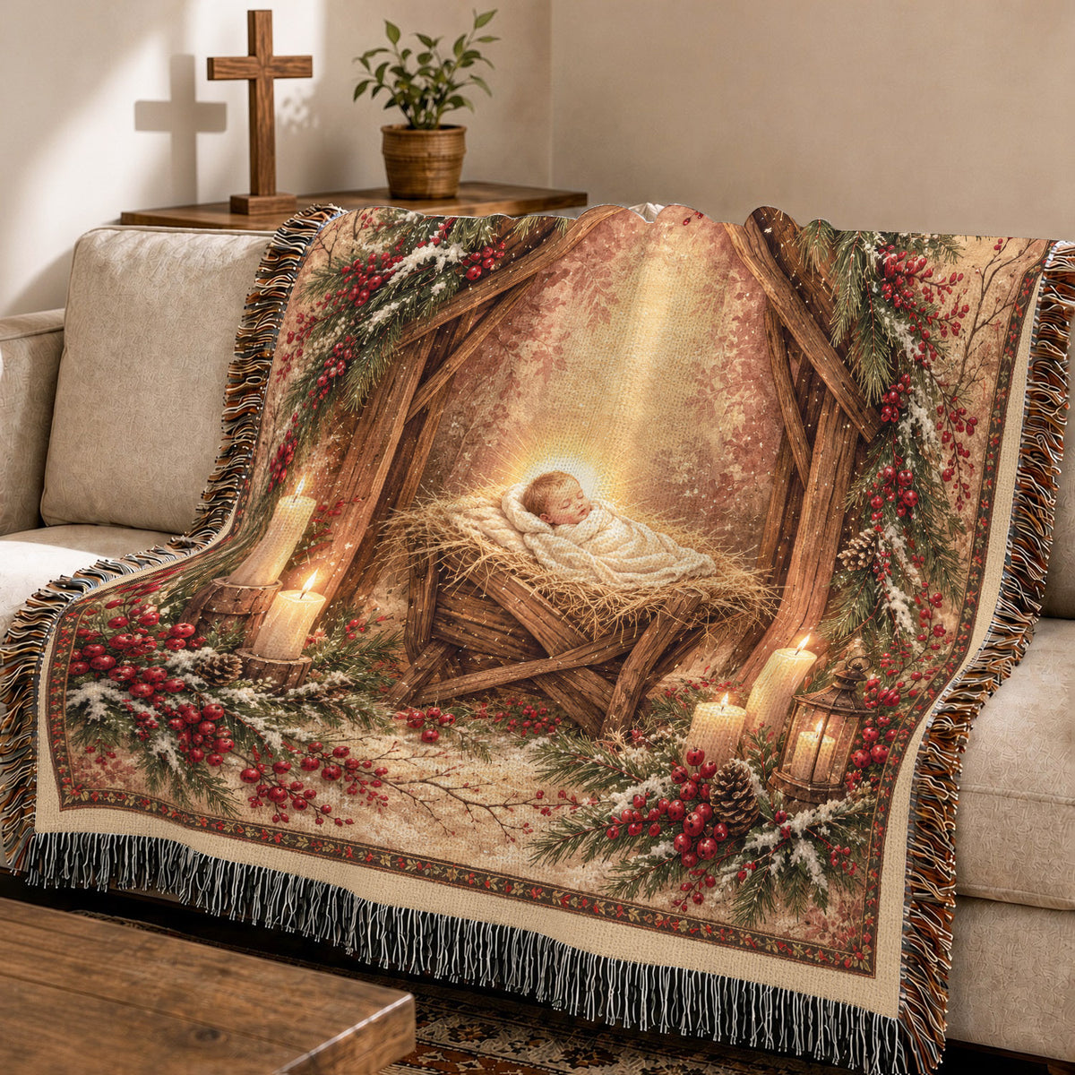 Vintage Baby Jesus Nativity Christmas – Holy Manger & Rustic Bethlehem Scene – Christian Woven Blanket