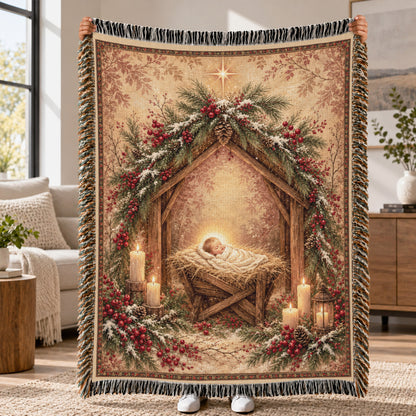 Vintage Baby Jesus Nativity Christmas – Holy Manger & Rustic Bethlehem Scene – Christian Woven Blanket