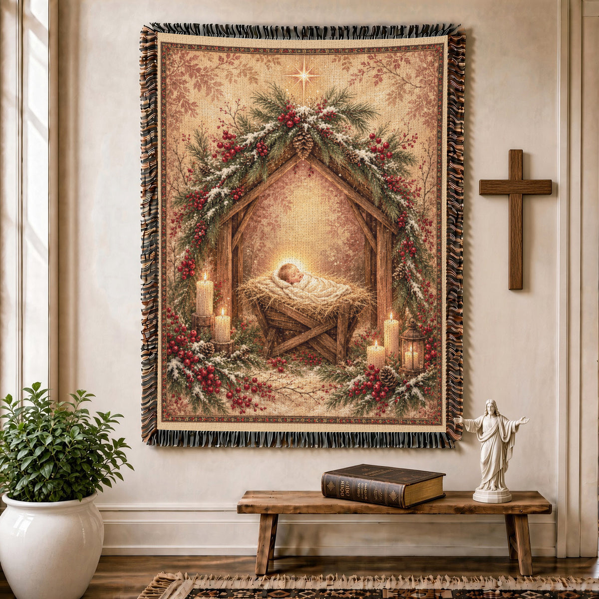Vintage Baby Jesus Nativity Christmas – Holy Manger & Rustic Bethlehem Scene – Christian Woven Blanket