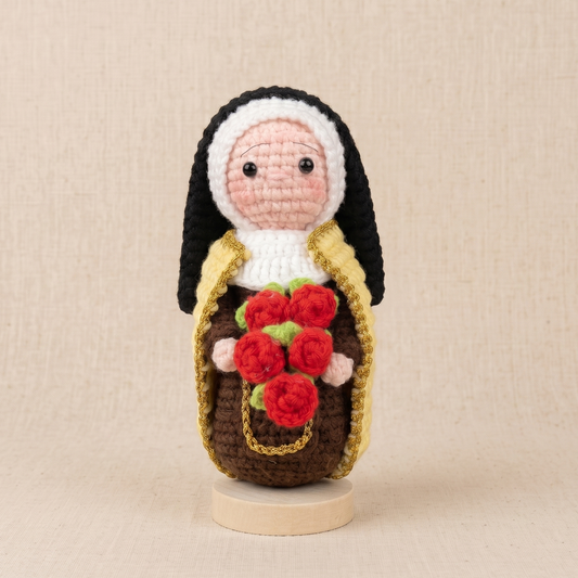 Handmade Crochet Saint Thérèse of Lisieux Doll with Roses (Includes Wooden Base)