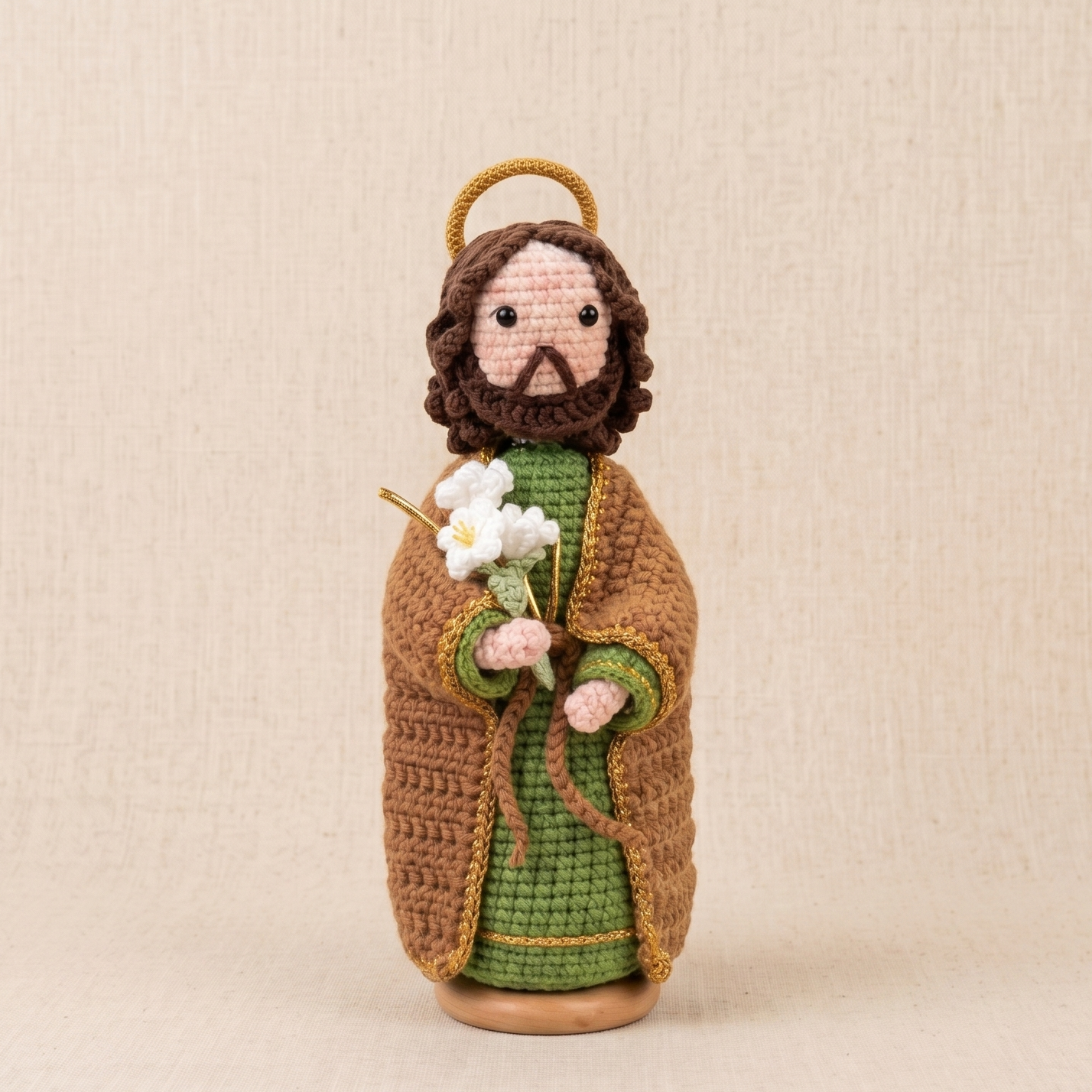 Handmade Crochet Saint Joseph Statue with Lily (Includes Wooden Base)