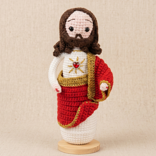 Handmade Crochet Sacred Heart of Jesus Statue (include Wooden Base)