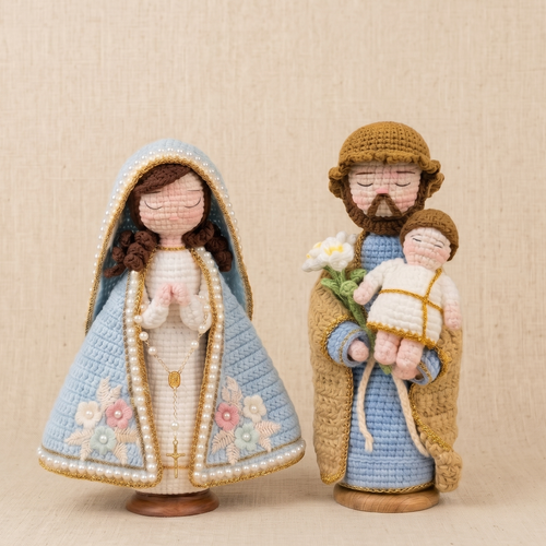 Handmade Crochet Holy Family Statues – Our Lady Mary & St. Joseph with Baby Jesus (Wooden Base Included)