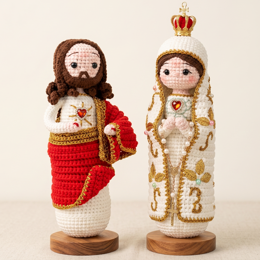 Handmade Crochet Virgin Mary Statue with Crown & Sacred Heart of Jesus Statue(include Wooden Base)