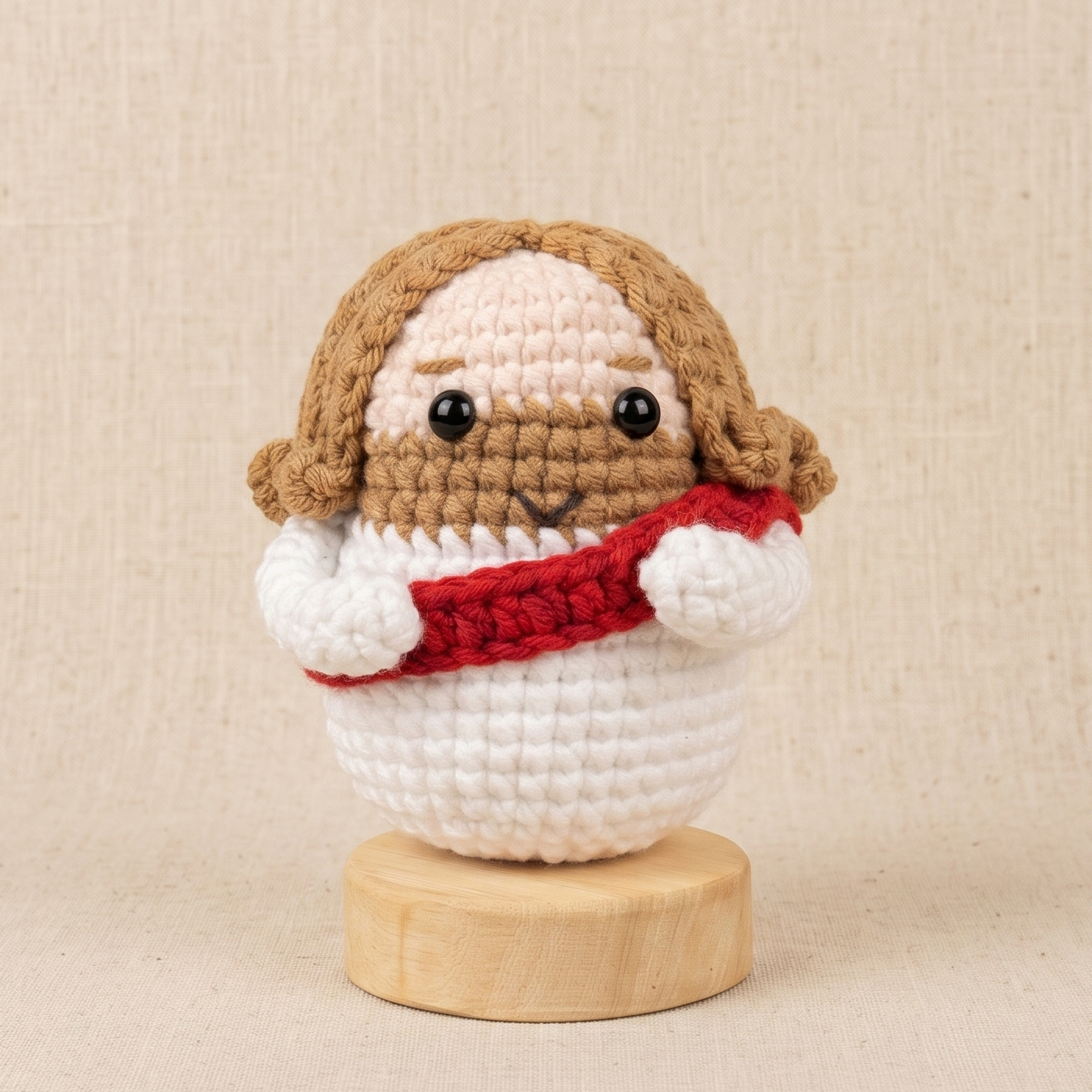 Handmade Jesus Crochet Doll with Wooden Base - Christian Prayer Decor & Meaningful Gift