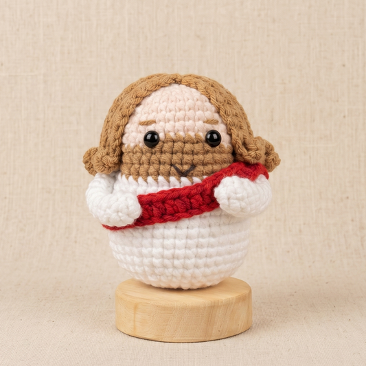 Handmade Jesus Crochet Doll with Wooden Base - Christian Prayer Decor & Meaningful Gift