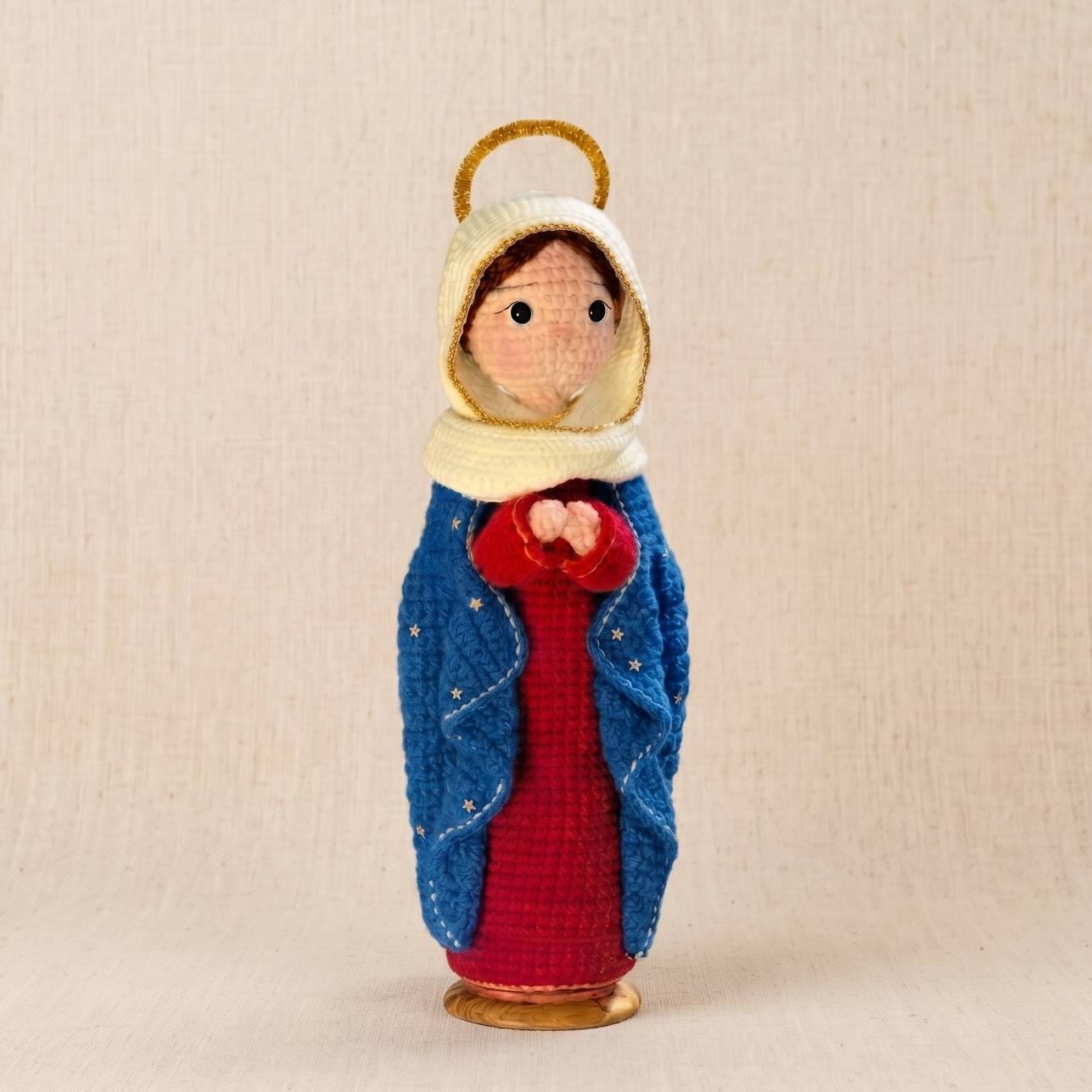 Handmade Crochet Virgin Mary Doll with Halo (Includes Wooden Base)