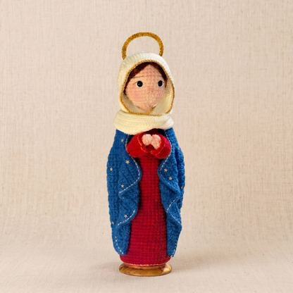 Handmade Crochet Virgin Mary Doll with Halo (Includes Wooden Base)