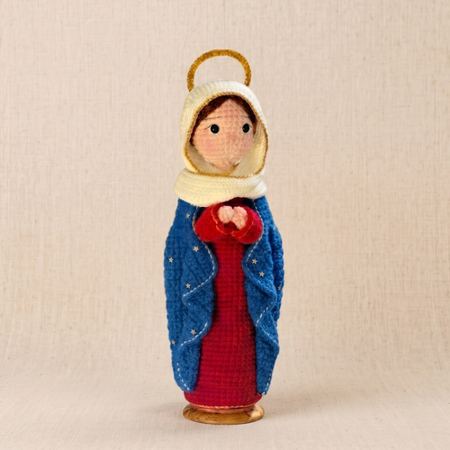 Handmade Crochet Virgin Mary Doll with Halo (Includes Wooden Base)