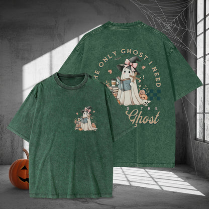 The Only Ghost I Need Is The Ghost Bookworm Halloween Washed 100% Cotton Two Sides T-Shirt Cozy Reading Tee